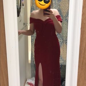 Long red off the shoulder prom dress